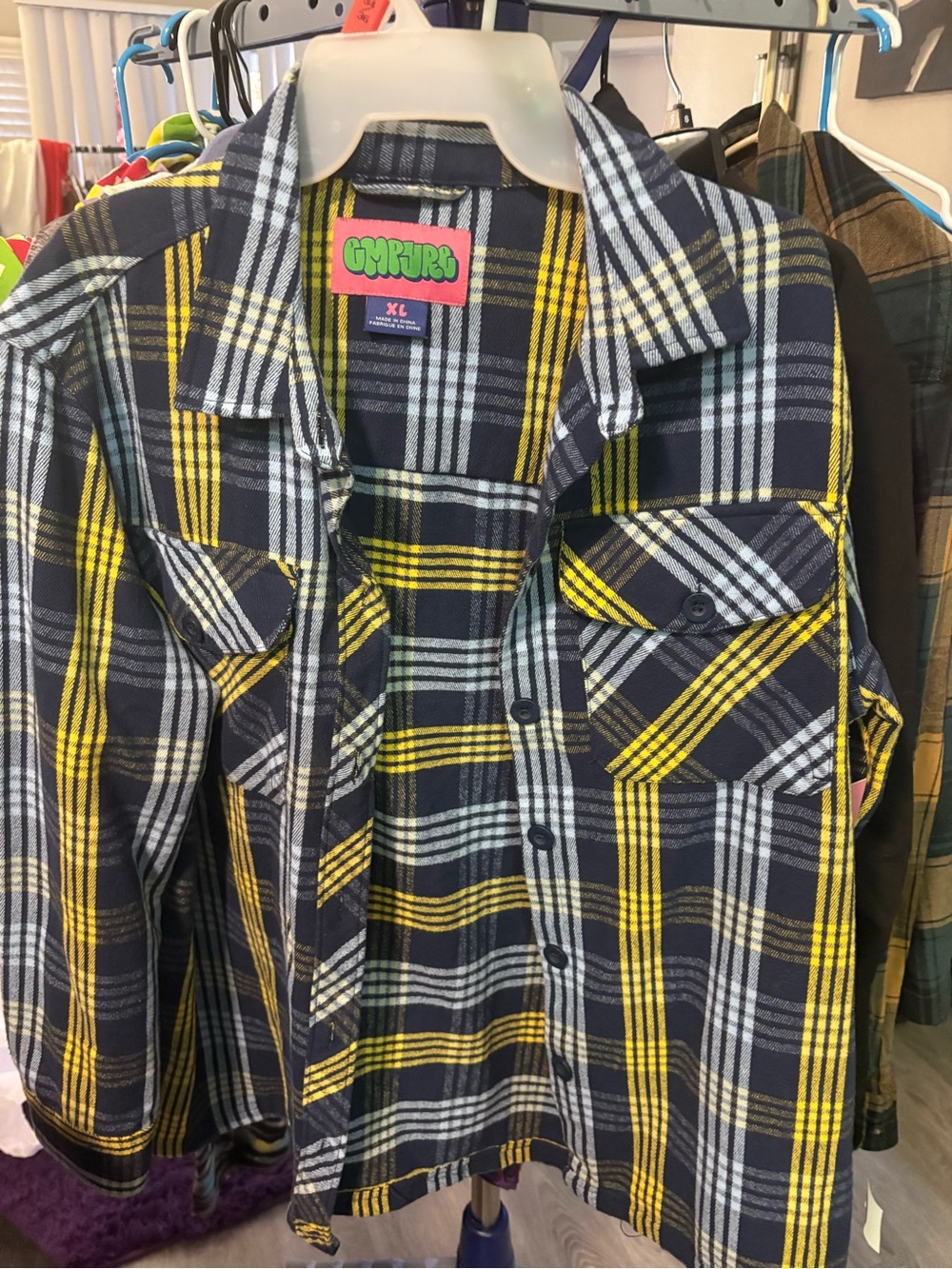 Empyre Men's Plaid Button-Down Shirt in Yellow, Navy & White